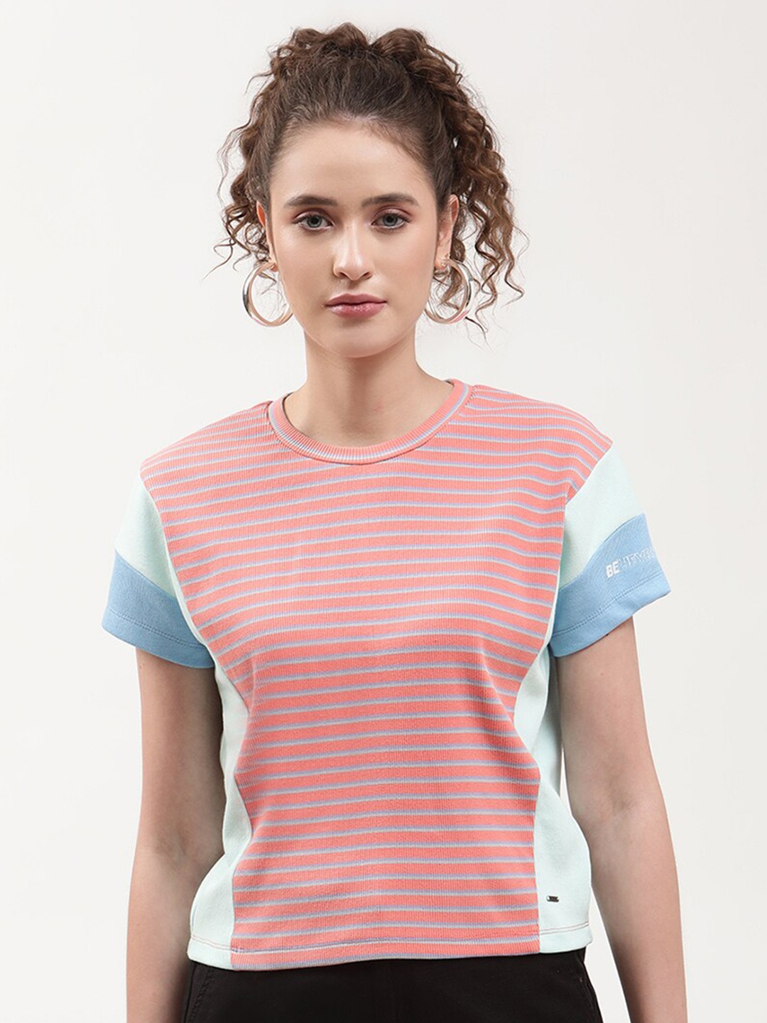 

ELLE Women Orange & White Striped Drop-Shoulder Sleeves Cotton Slim Fit T-shirt