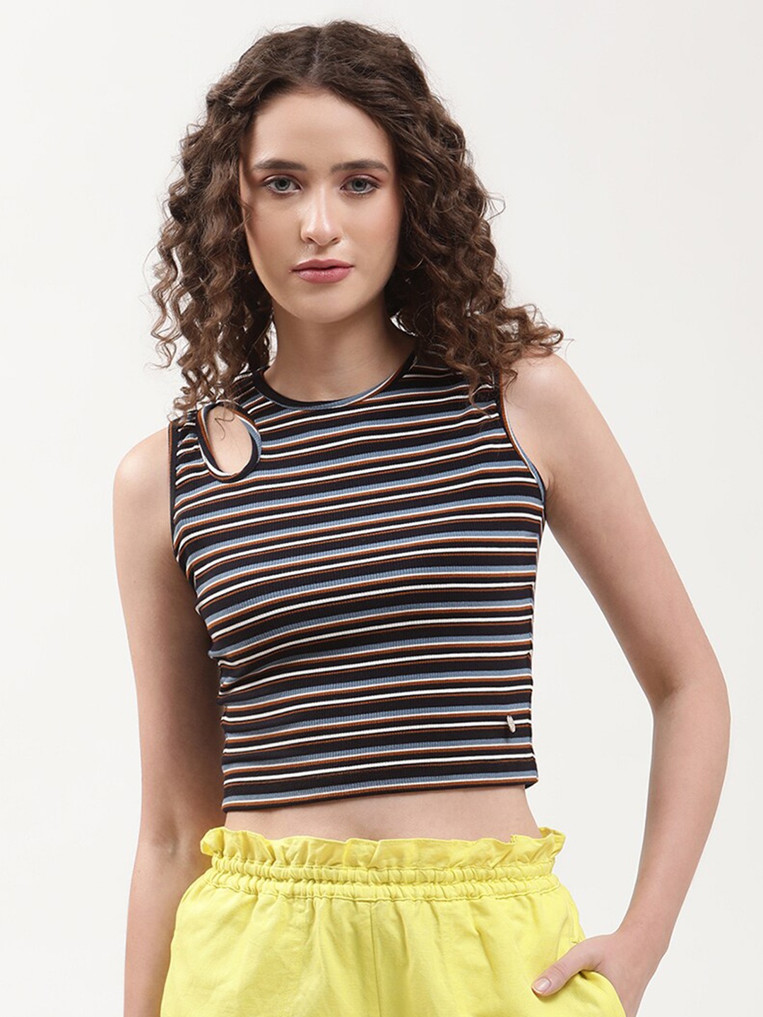 

ELLE Women Black & Grey Striped Cut-Out Crop Cotton T-shirt