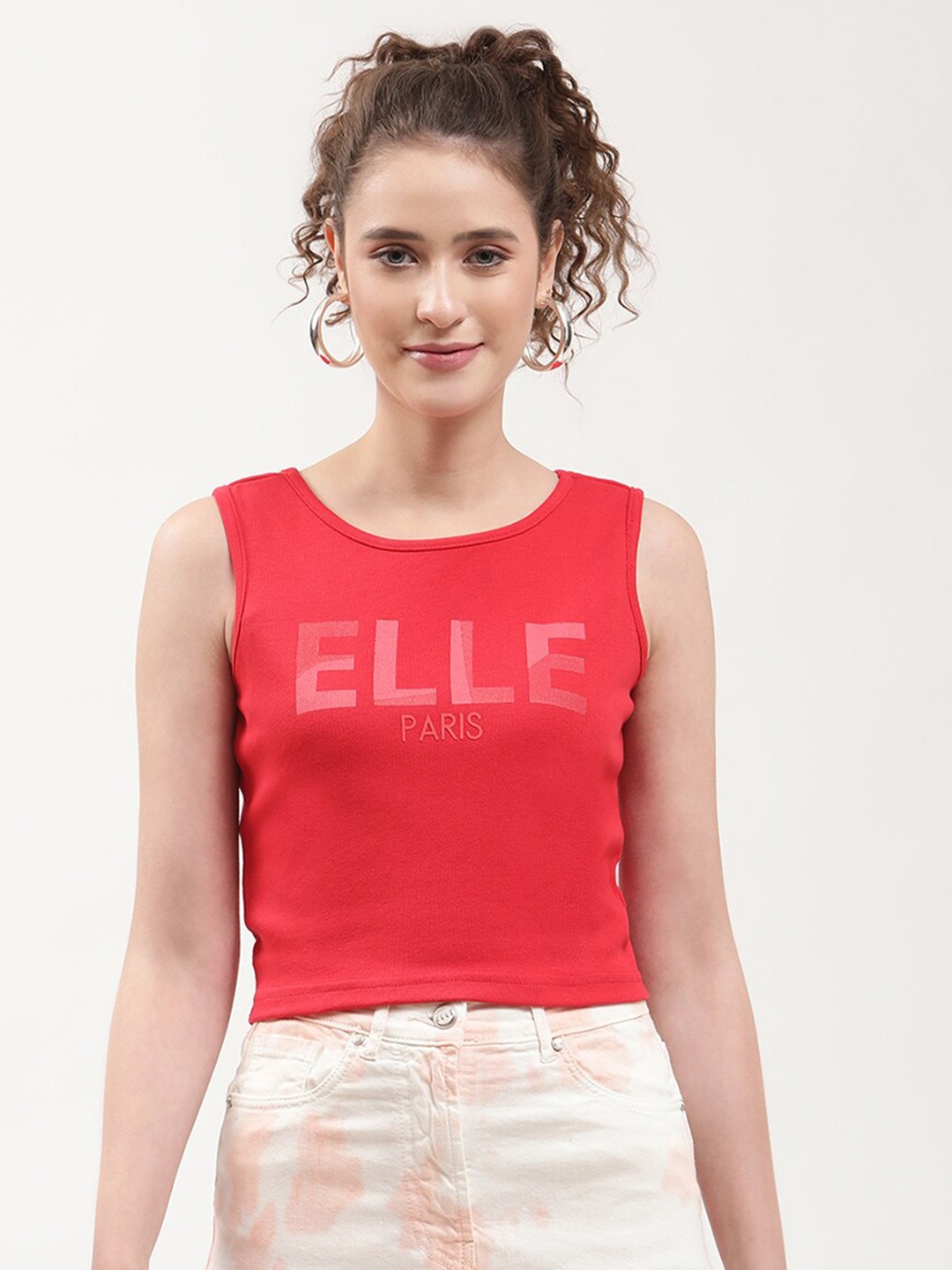 

ELLE Women Red Typography Printed Slim Fit Cotton T-shirt