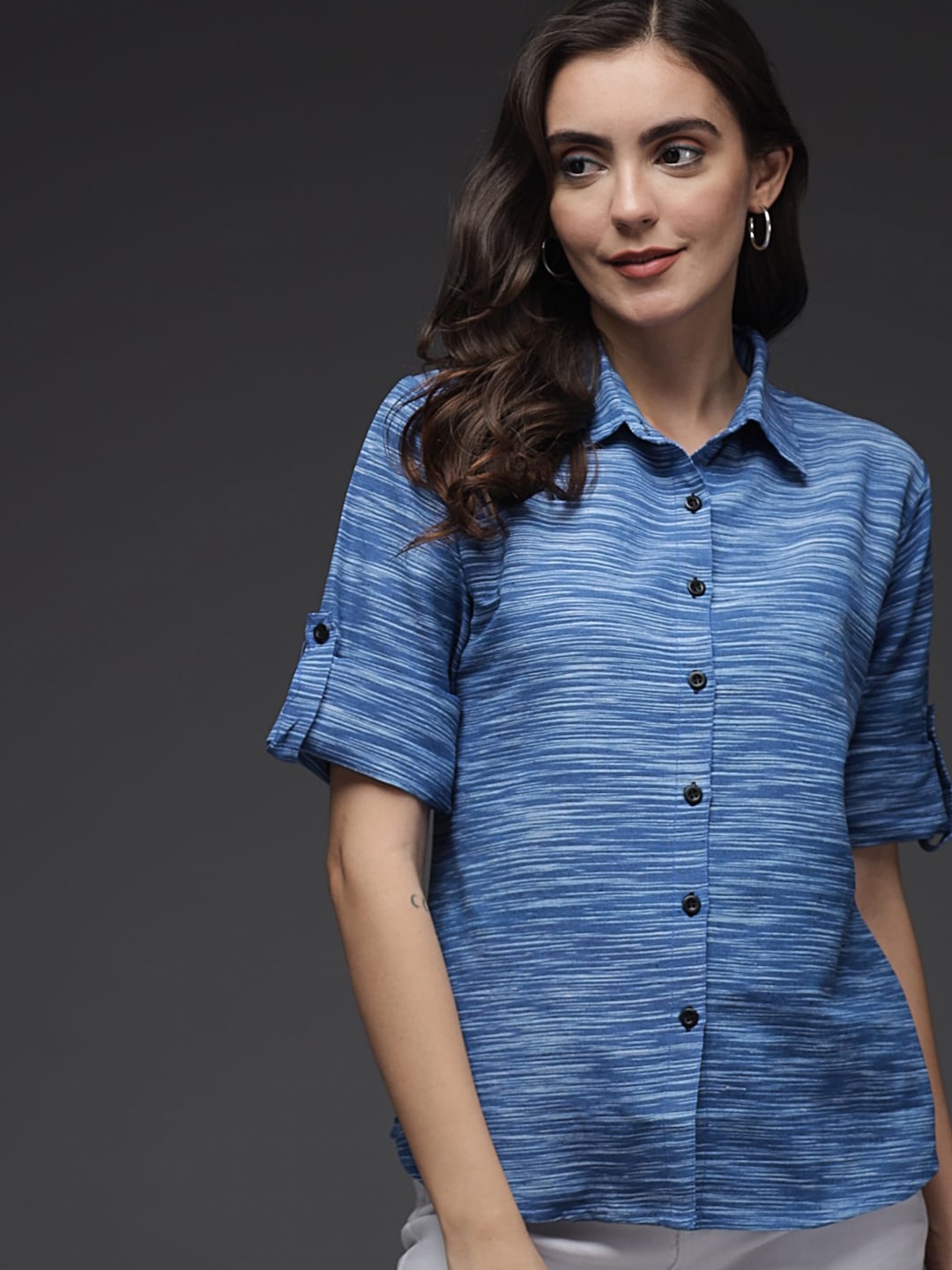 

Darzi Women Blue Comfort Horizontal Stripes Striped Cotton Casual Shirt