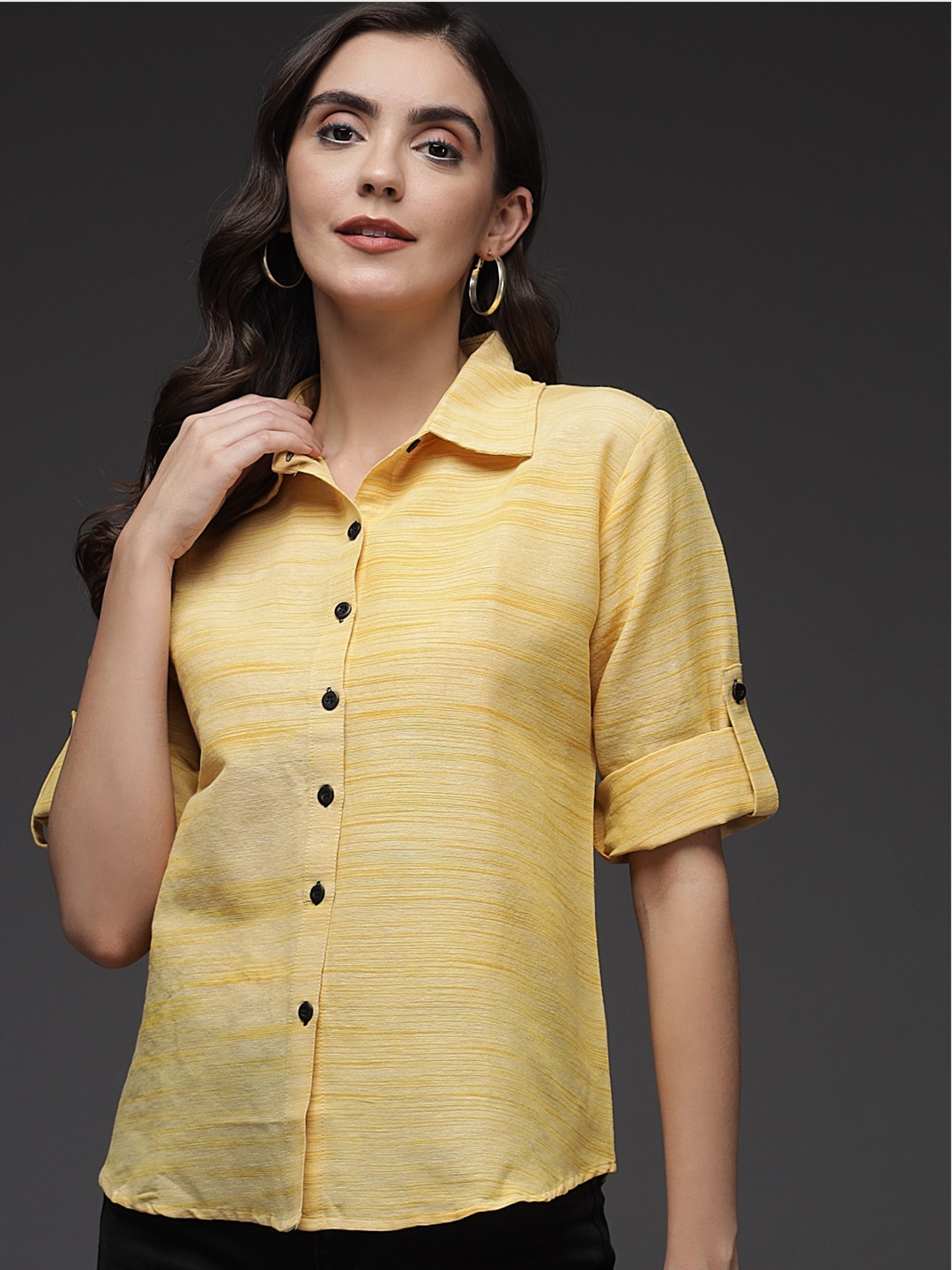 

Darzi Women Yellow Comfort Horizontal Stripes Casual Shirt
