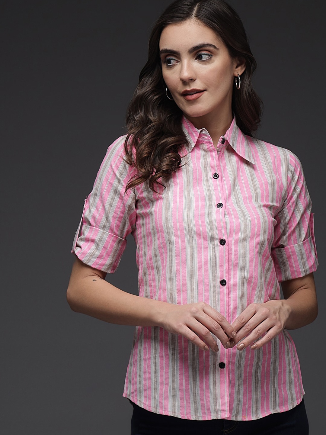

Darzi Women Pink Multi Striped Casual Shirt