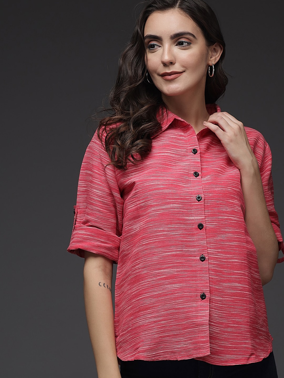 

Darzi Women Pink Comfort Horizontal Stripes Striped Casual Shirt