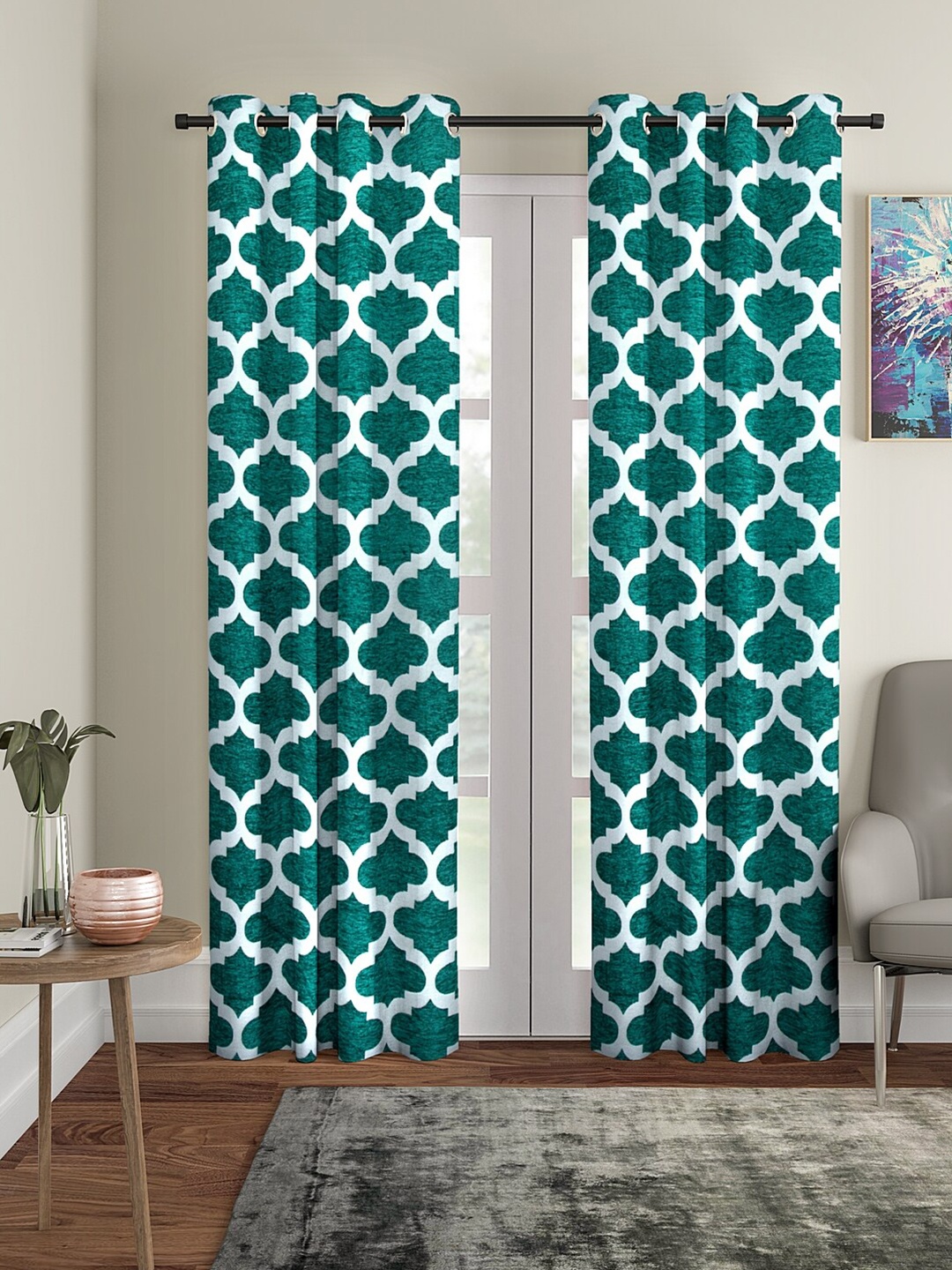 

KLOTTHE Green & White Set of 2 Geometric Door Curtains
