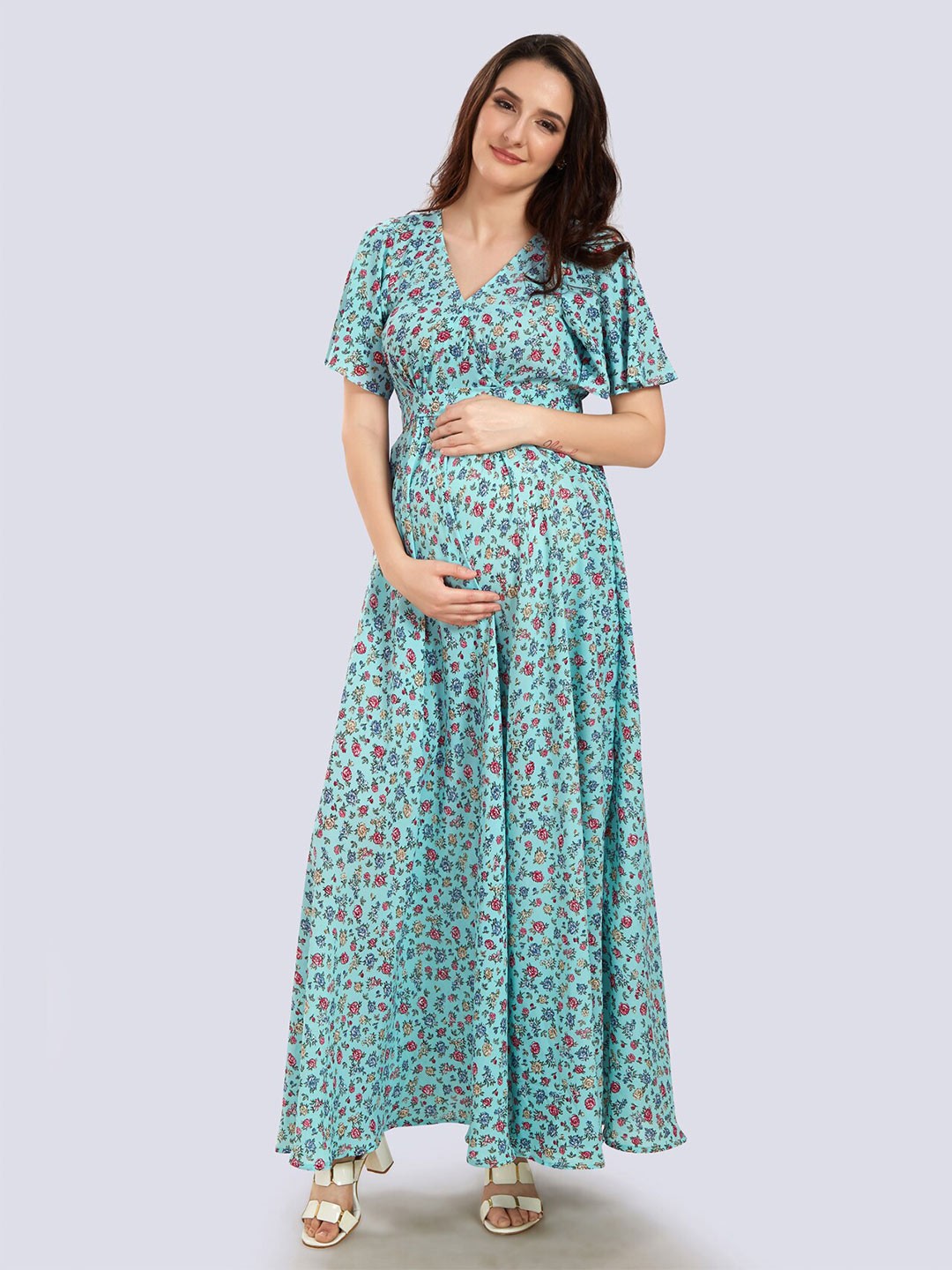 

Mom For Sure by Ketki Dalal Sea Green Floral Printed Georgette Maternity Maxi Dress