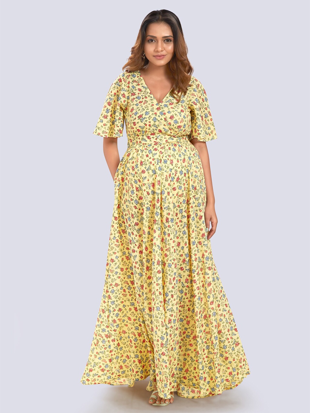 

Mom For Sure by Ketki Dalal Yellow Floral Georgette Maternity Maxi Dress