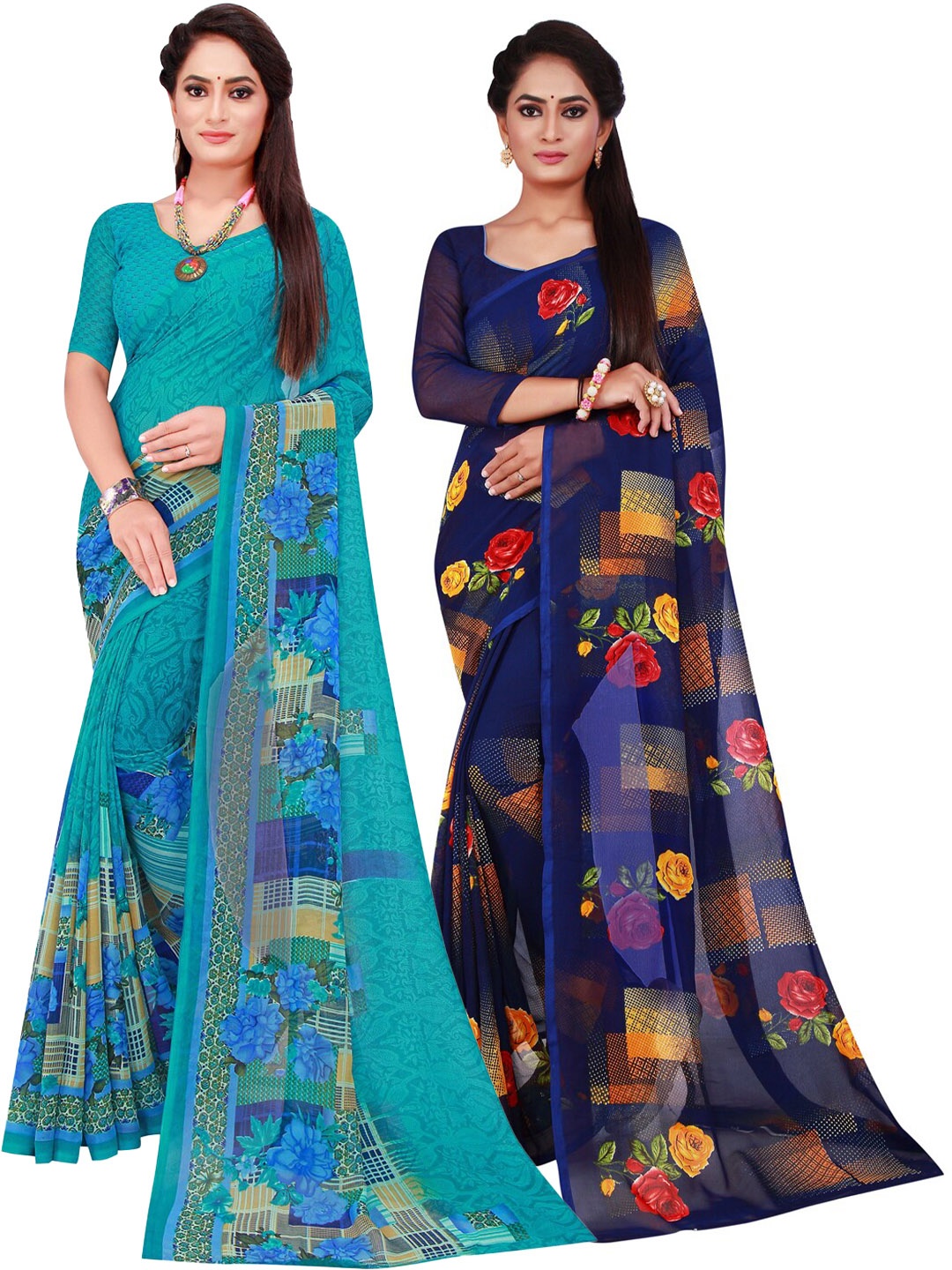

Florence Turquoise Blue & Red Set Of 2 Pure Georgette Saree