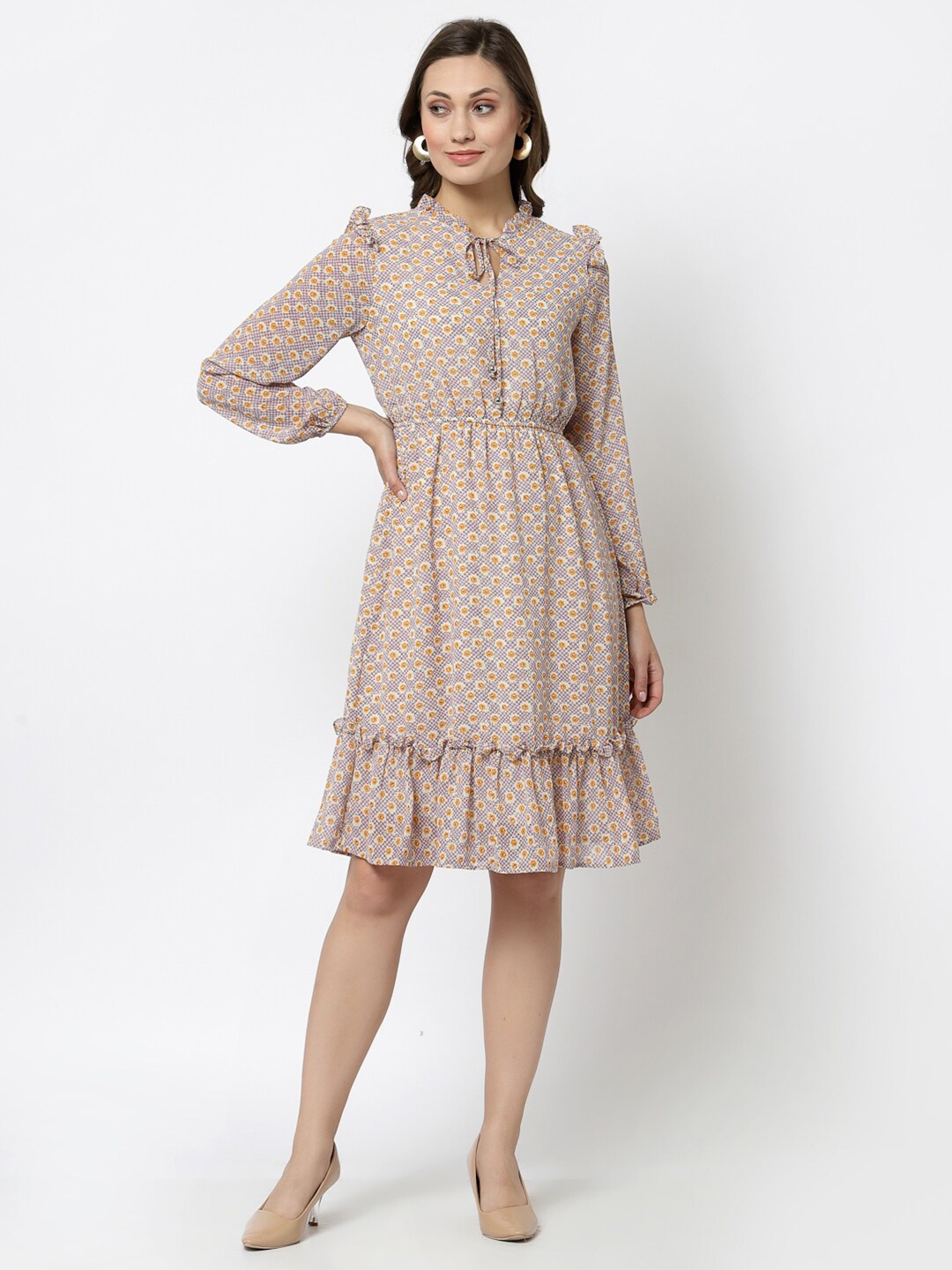 

Gipsy Mauve & Orange Floral printed Tie-Up Neck Georgette Dress