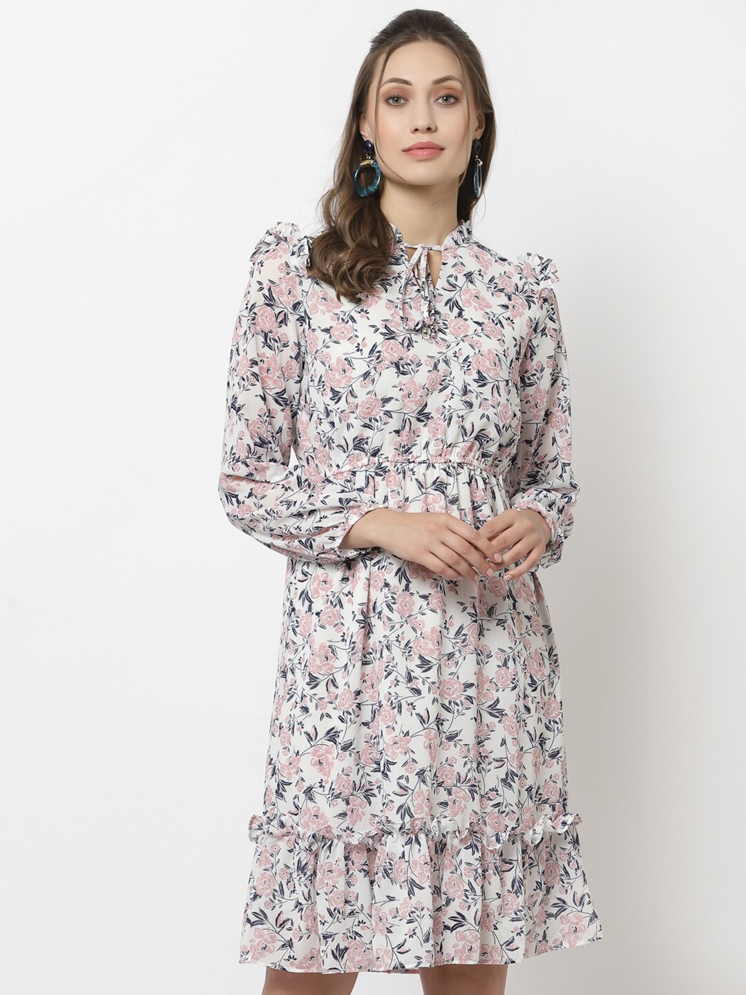 

Gipsy White Floral Print Tie-Up Neck Georgette Longline Top