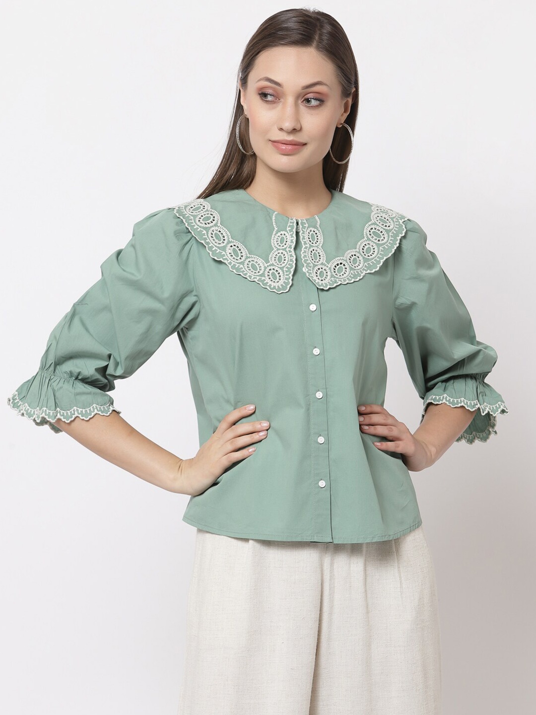 

Gipsy Green Peter Pan Collar Shirt Style Top