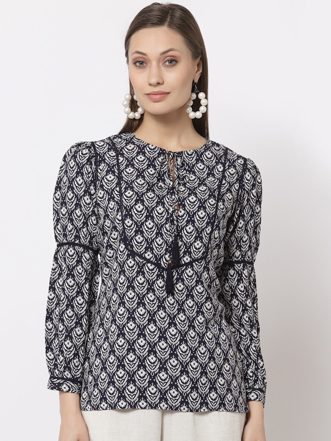 

Gipsy Navy Blue Printed Tie-Up Neck Top