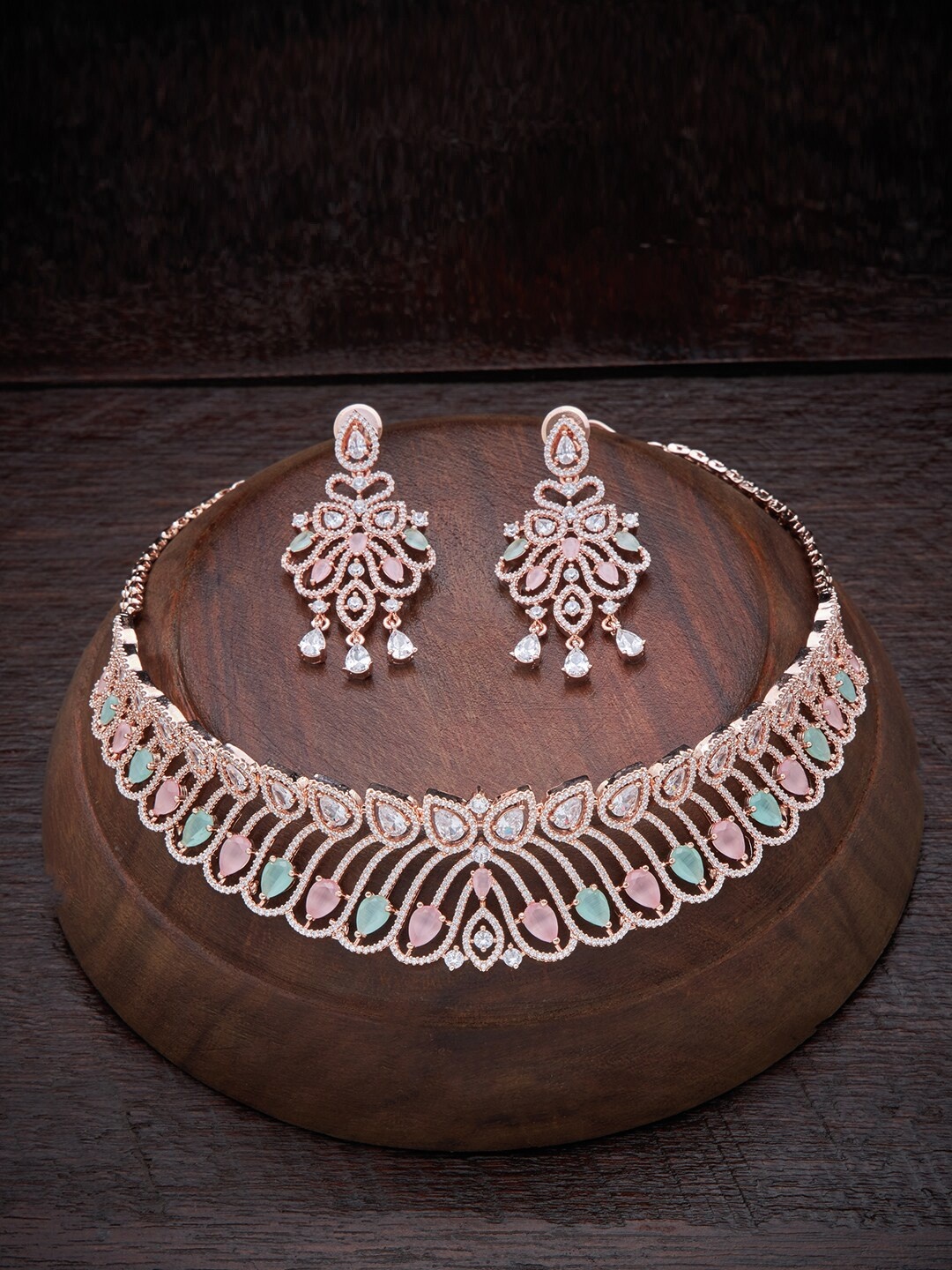 

Kushal's Fashion Jewellery Pink & Sea Green Rose Gold-Plated Cubic Zirconia Choker Necklace Set