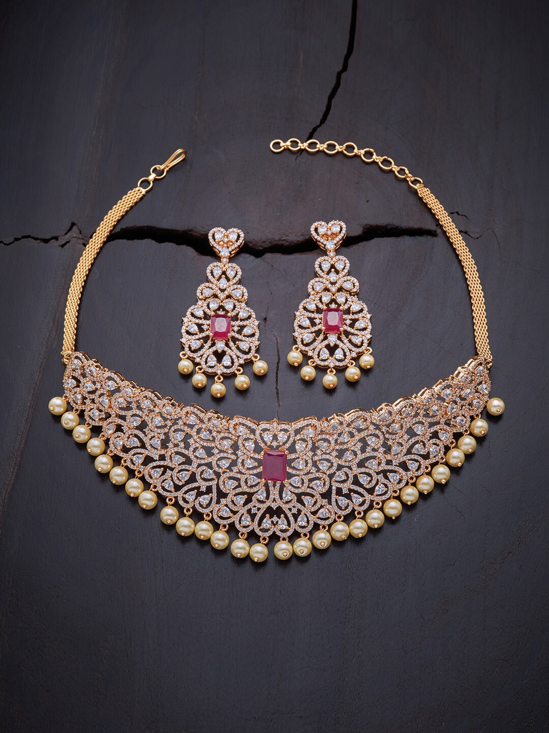 

Kushal's Fashion Jewellery Red Gold-Plated Cubic Zirconia Choker Necklace Set