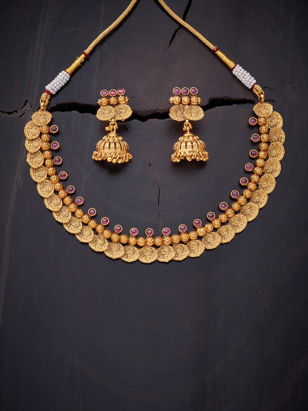 

Kushal's Fashion Jewellery Red Gold-Plated Antique Necklace Set