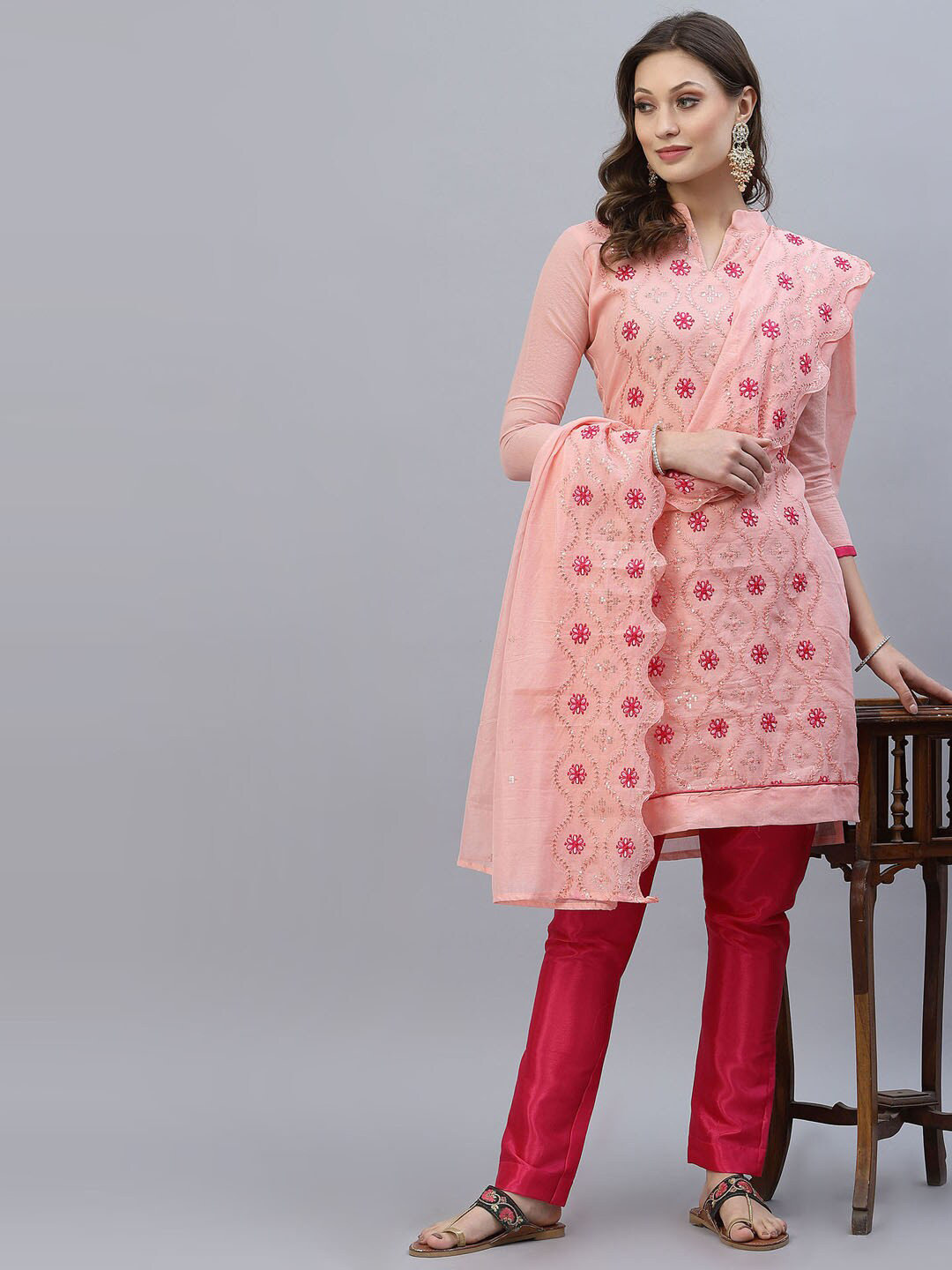 

Satrani Peach-Coloured & Pink Embroidered Unstitched Dress Material