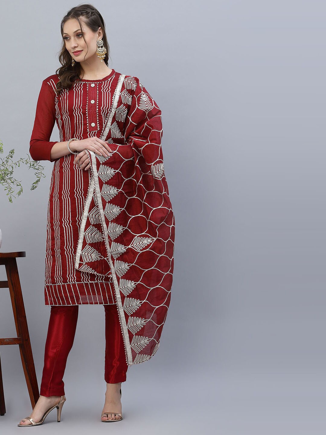 

Satrani Maroon & White Embroidered Unstitched Dress Material