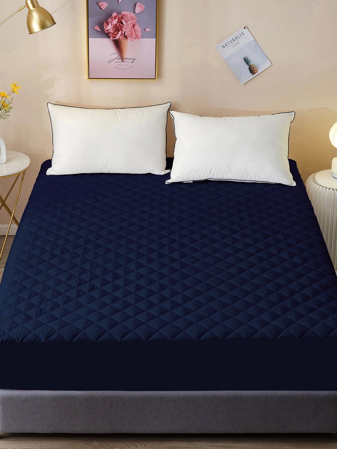 

DREAM CARE Navy Blue Solid Quilted Cotton Mattress Protector