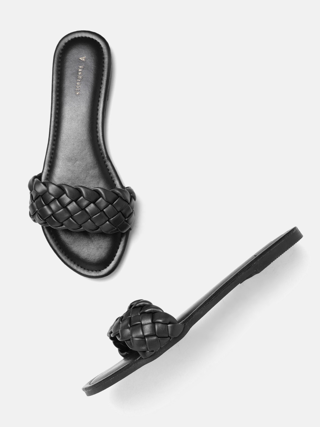 

Van Heusen Woman Black Braided Woven Design Open Toe Flats