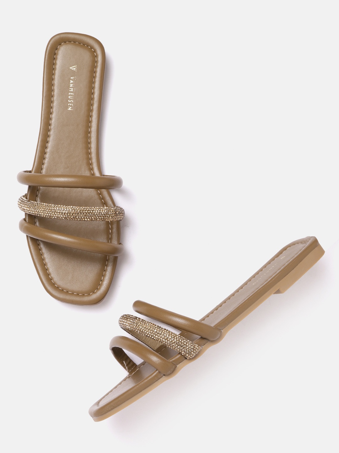 

Van Heusen Woman Taupe & Gold-Toned Embellished Open Toe Flats
