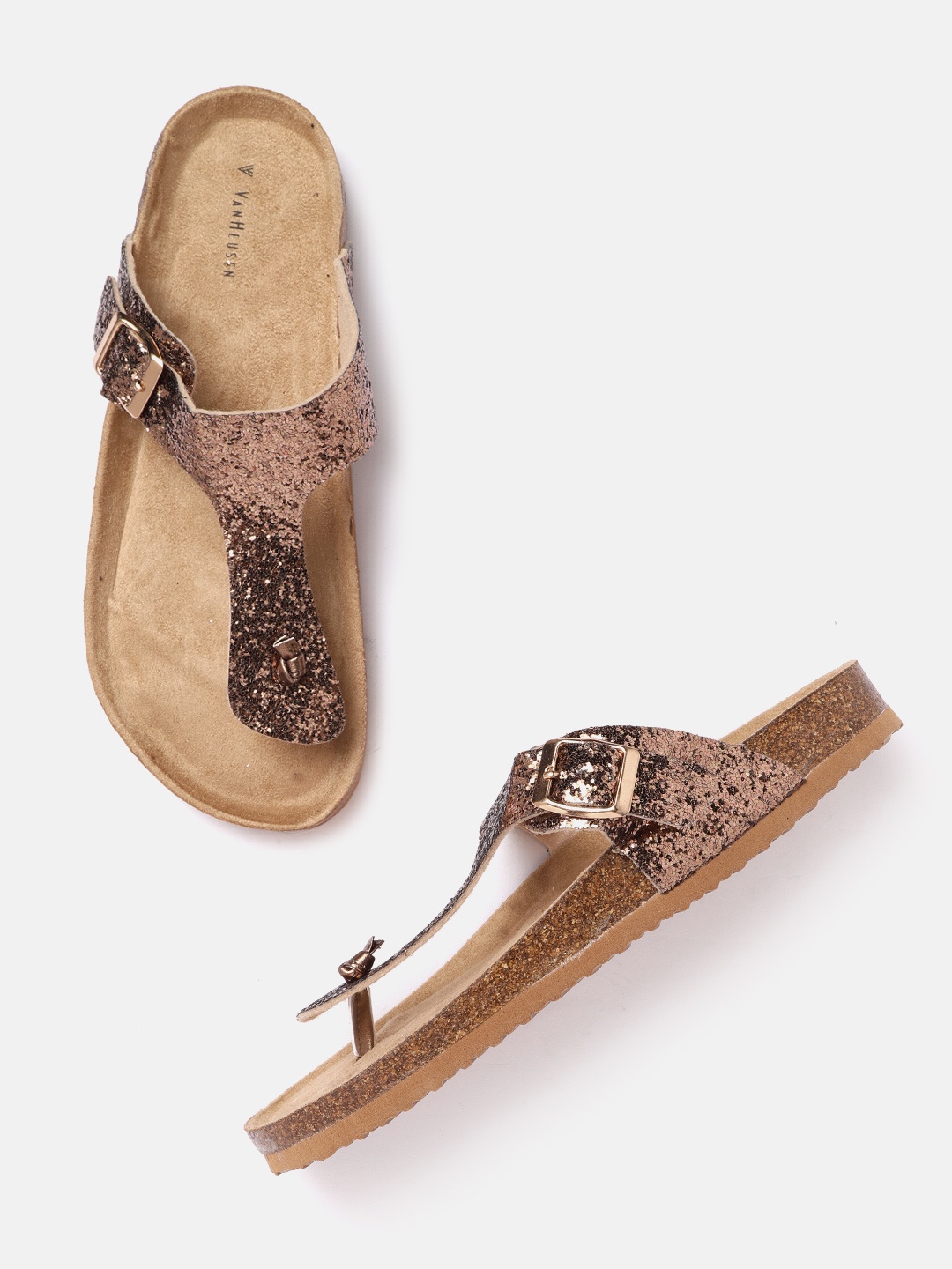 

Van Heusen Woman Women Gold-Toned Shimmer T-Strap Flats with Buckles