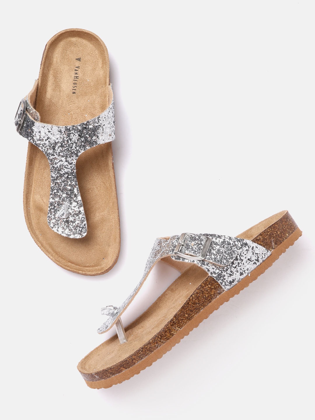 

Van Heusen Woman Silver-Toned Shimmer Open Toe Flats