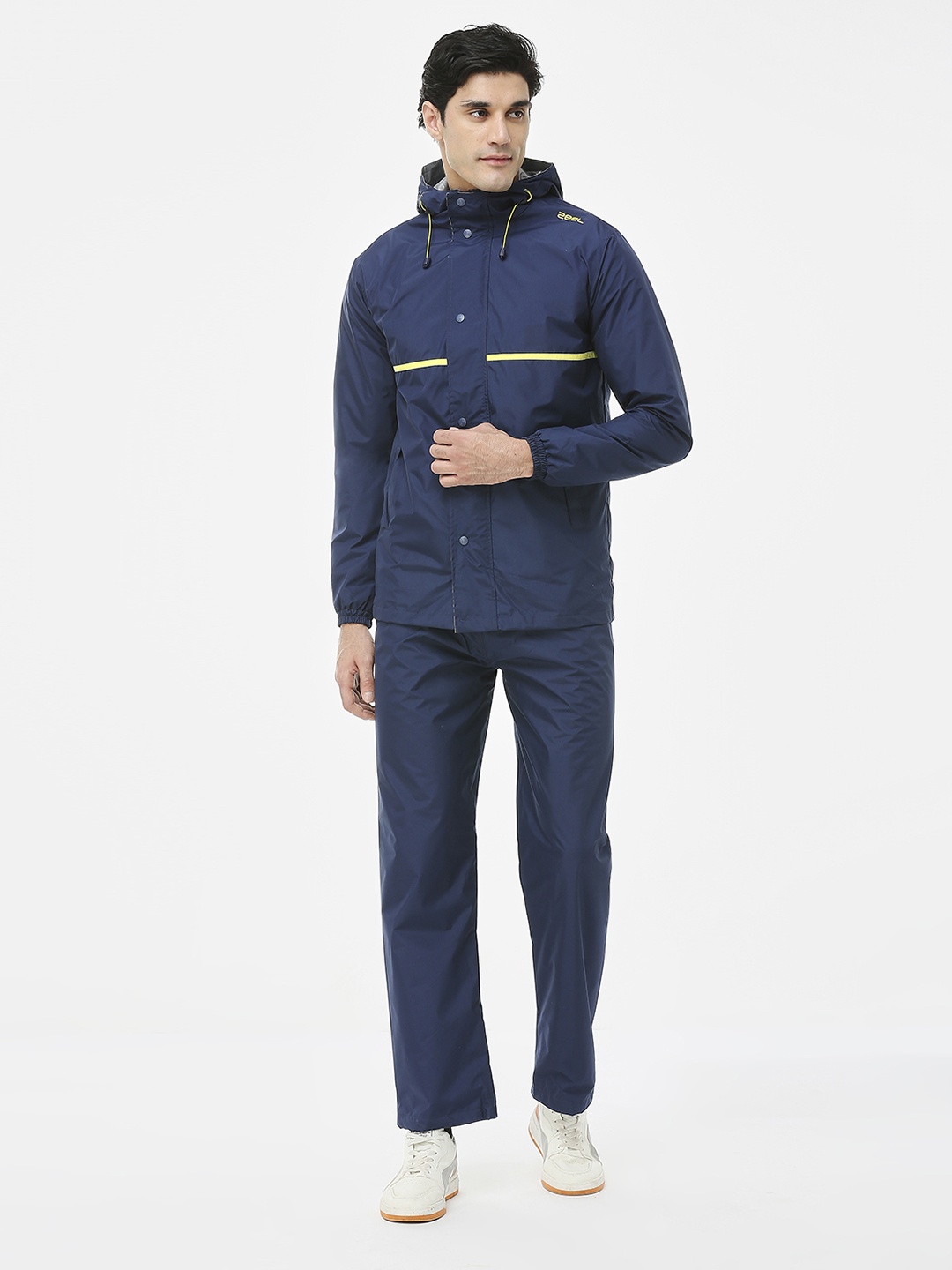 

Zeel Men Navy Blue & Lime Green Solid Reversible Rain Suit