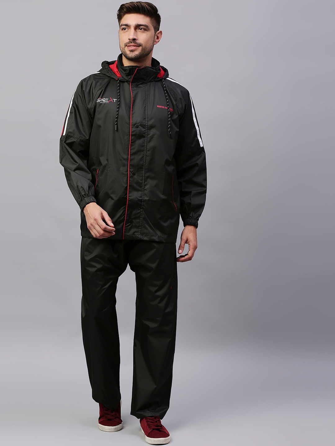 

Zeel Men Black & Red Solid Reversible Rain Suit