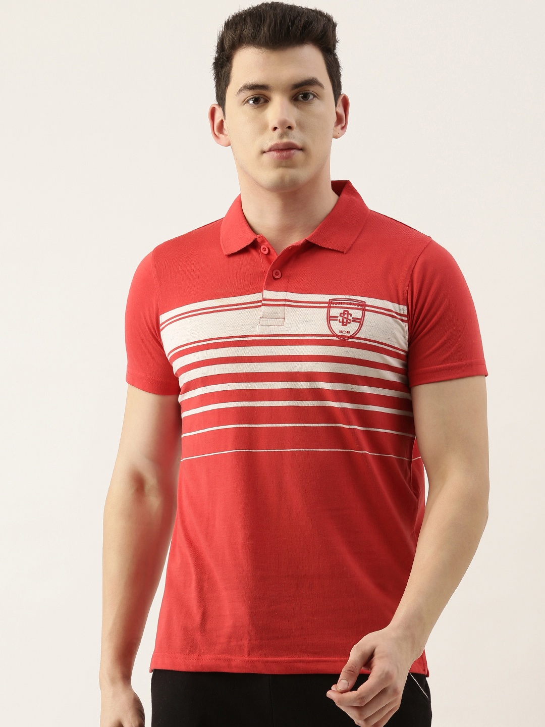 

Sweet Dreams Men Red and White Striped Polo Collar Neck Lounge T-shir