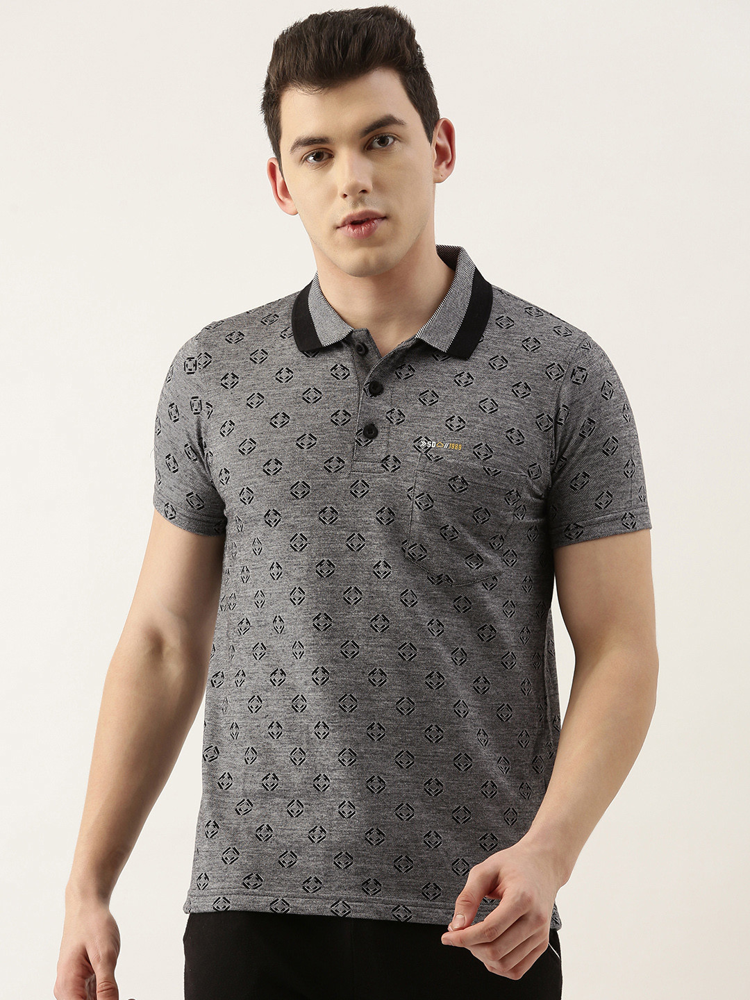 

Sweet Dreams Men Grey and Black Printed Polo Collar Neck Lounge T-shirt
