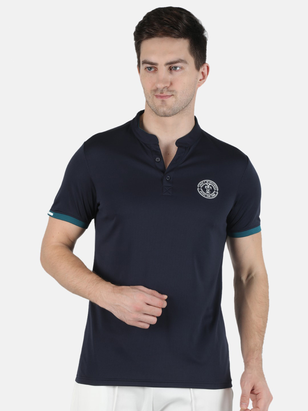 

rock it Men Navy Blue Mandarin Collar Applique T-shirt