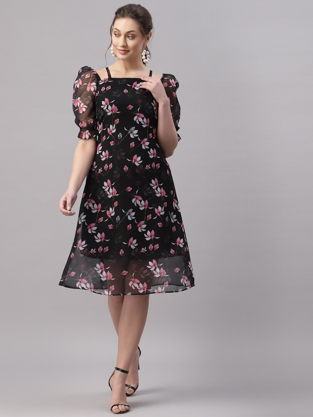 

Selvia Black Floral Printed Fit and Flare Dress