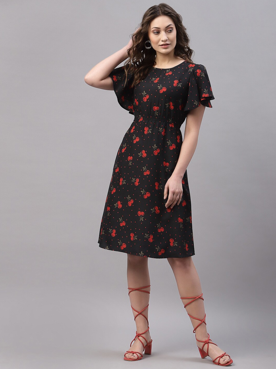 

Selvia Black & Red Floral Crepe A-Line Dress