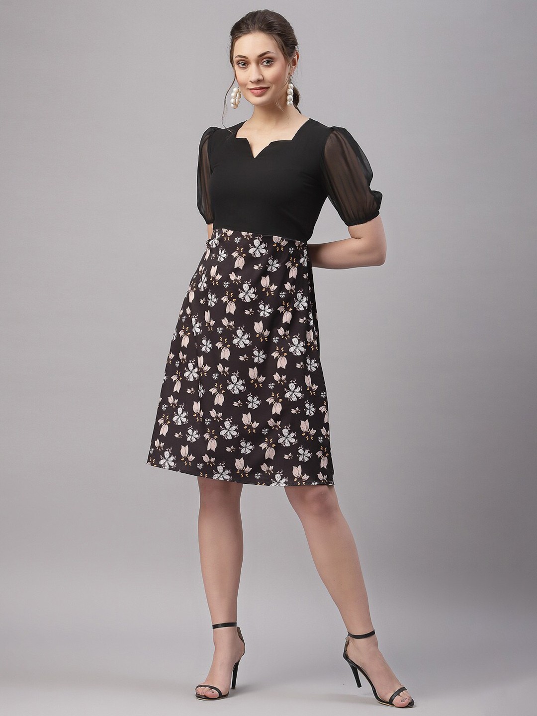 

Selvia Black Floral Crepe A-Line Dress