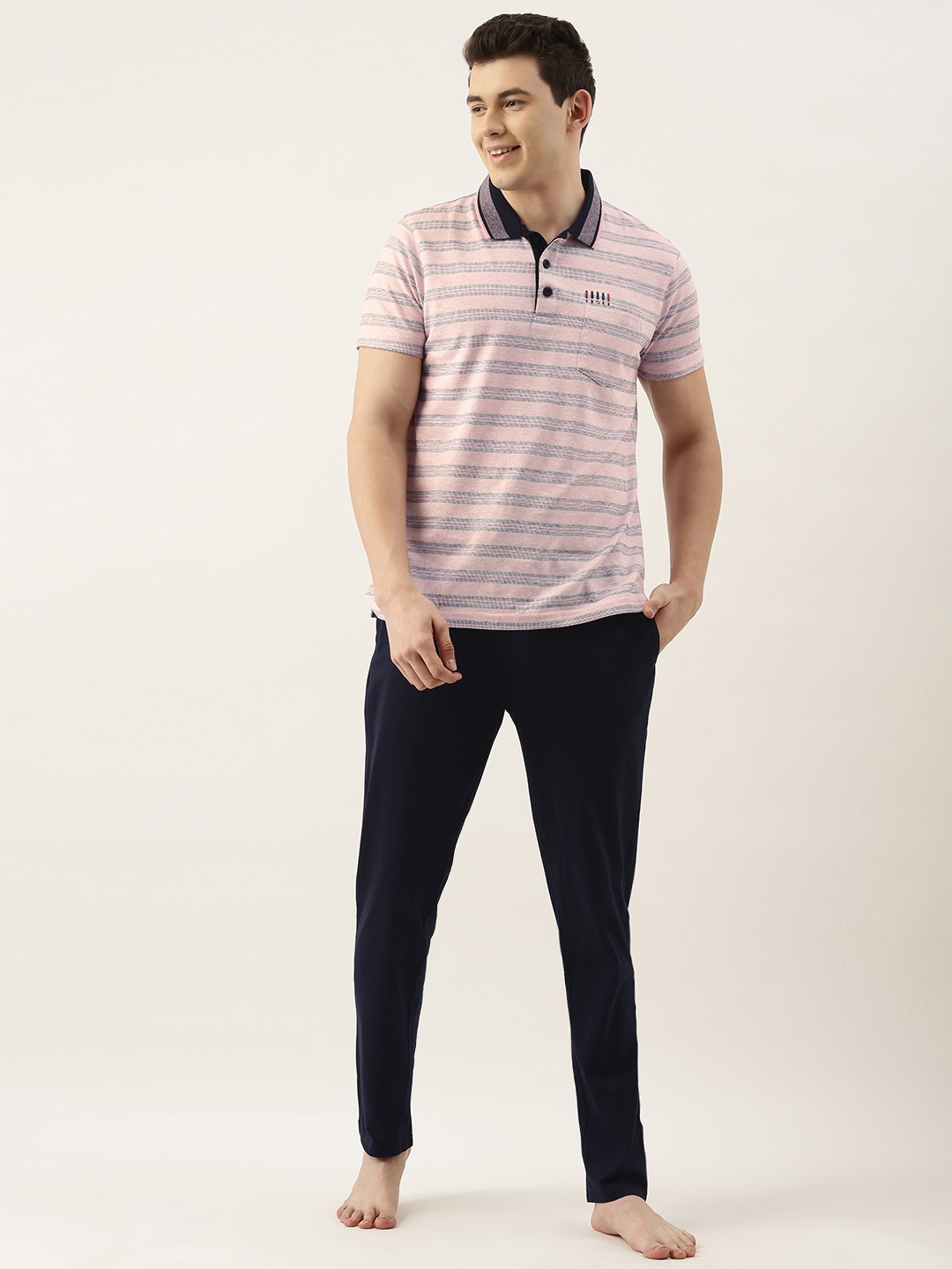 

Sweet Dreams Men Pink & Navy Blue Striped Night suit