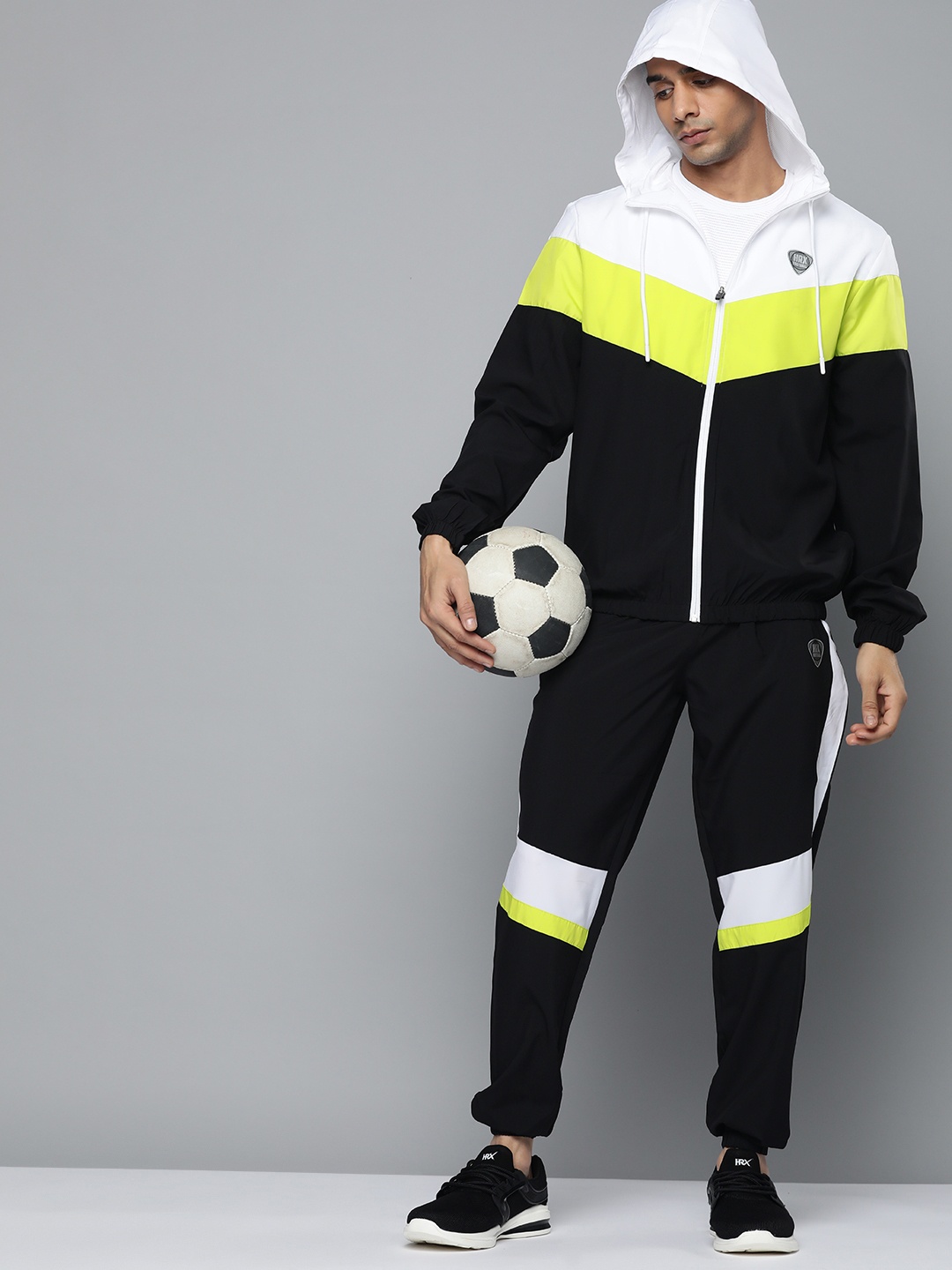 

HRX by Hrithik Roshan Men Black & Lime Green Striped Regular Fit Football Tracksuit