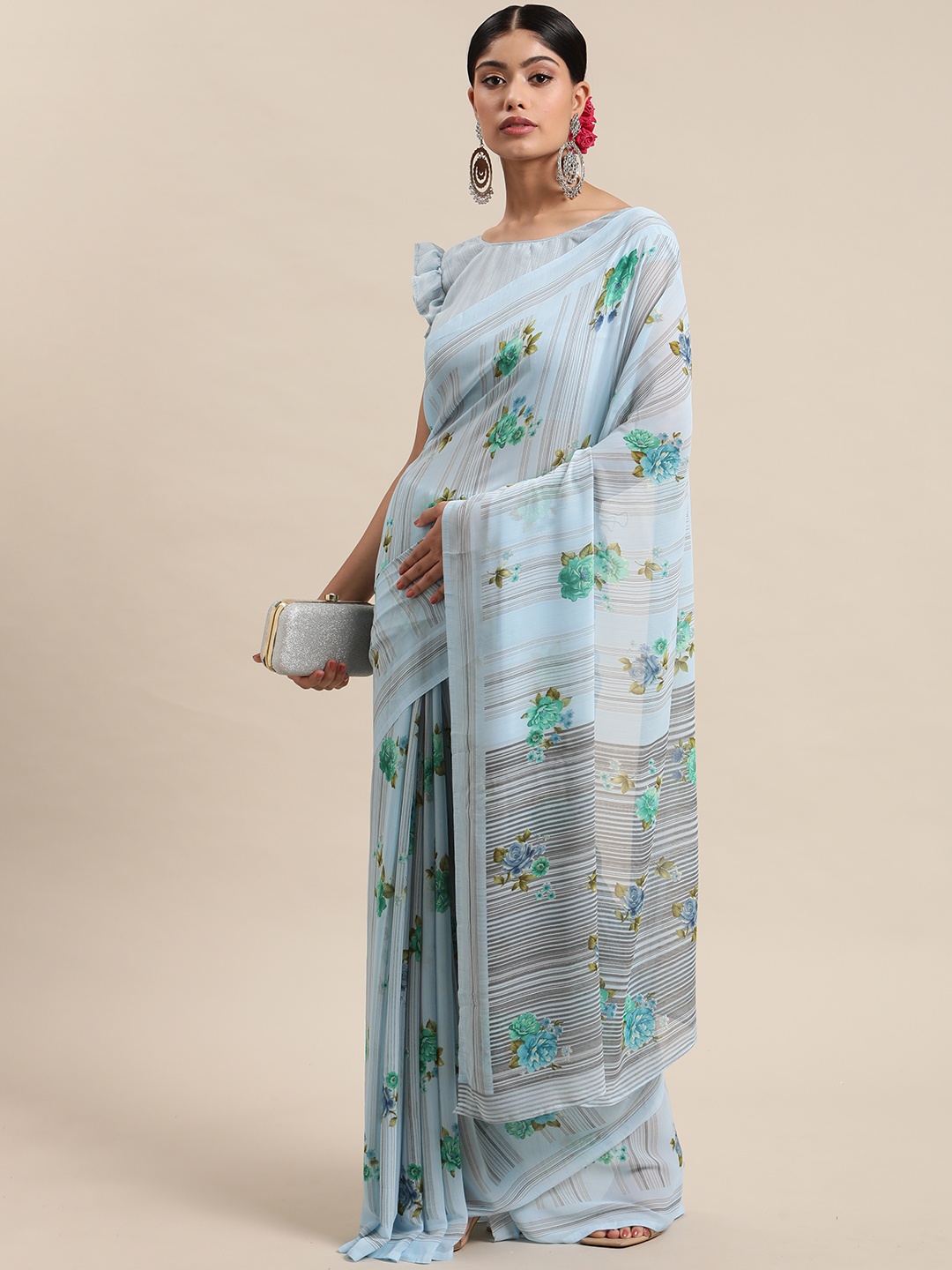 

Mitera Turquoise Blue & Sea Green Floral Saree
