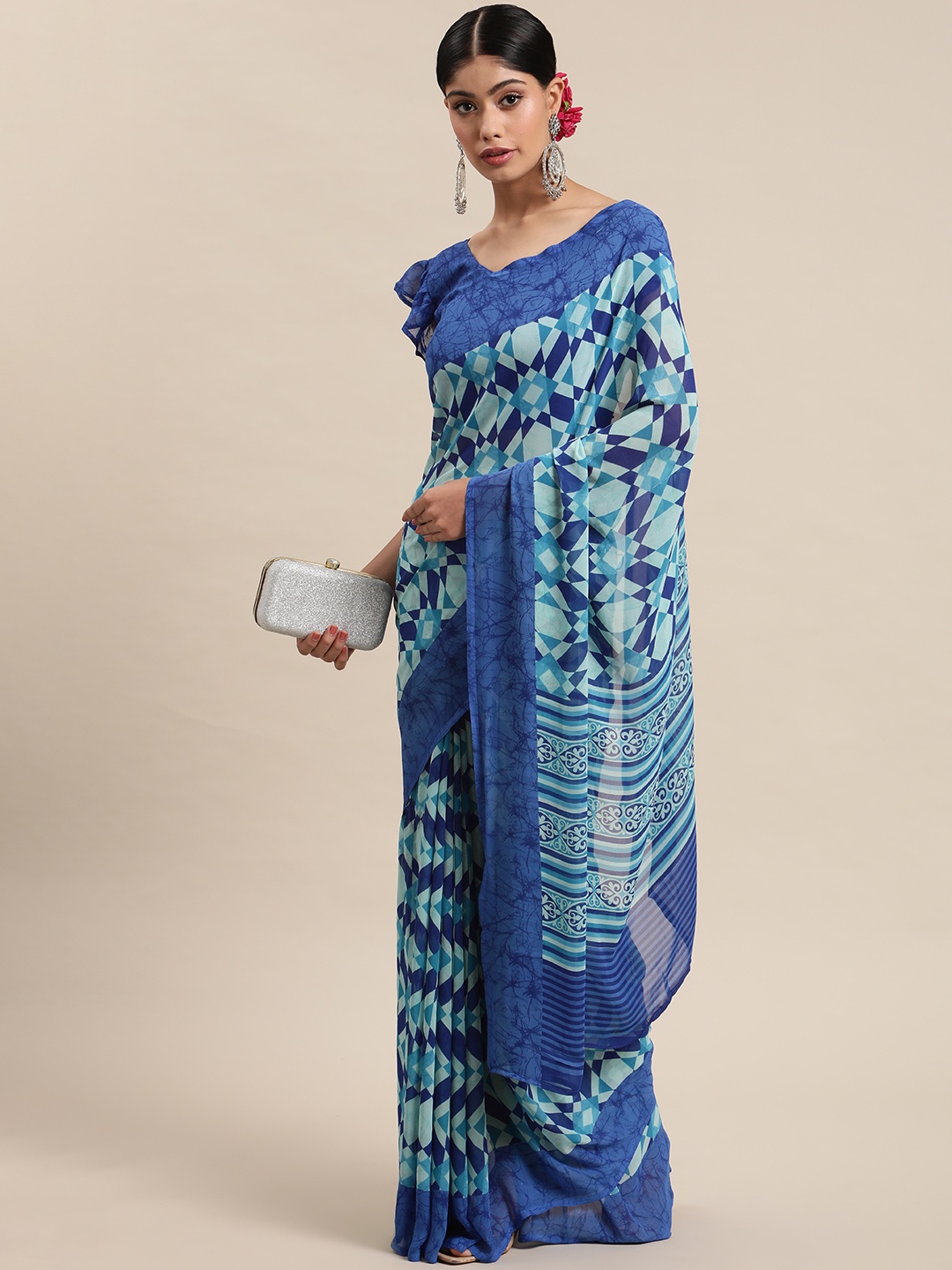 

Mitera Blue Printed Saree