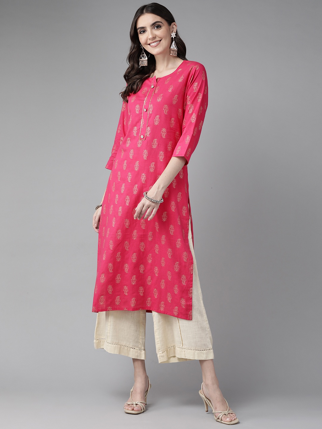 

Yufta Women Fuchsia Pink & Golden Ethnic Motifs Print Pure Cotton Straight Kurta