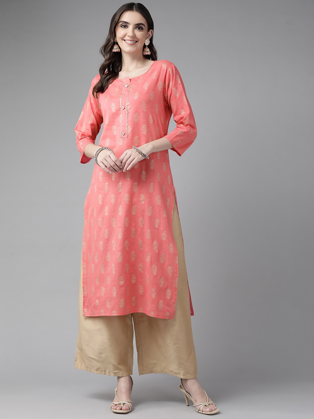 

Yufta Women Peach-Coloured & Golden Ethnic Motifs Print Pure Cotton Straight Kurta