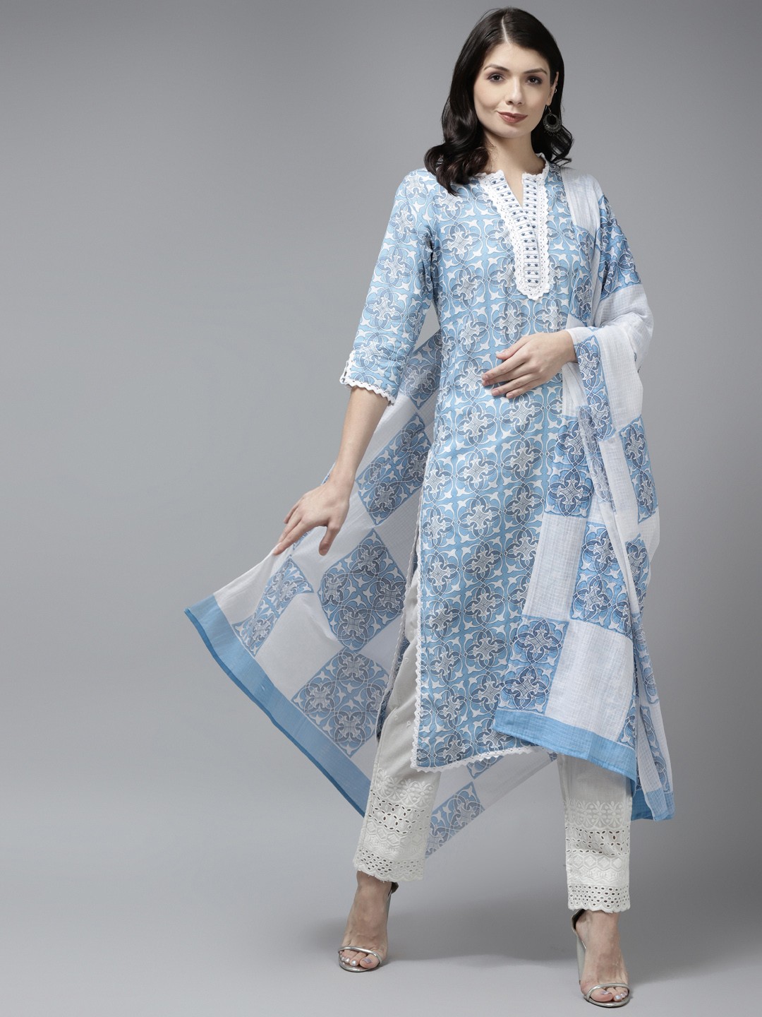 

Yufta Women Blue Ethnic Motifs Printed Thread Work Pure Cotton Kurta with Palazzos & With Dupatta