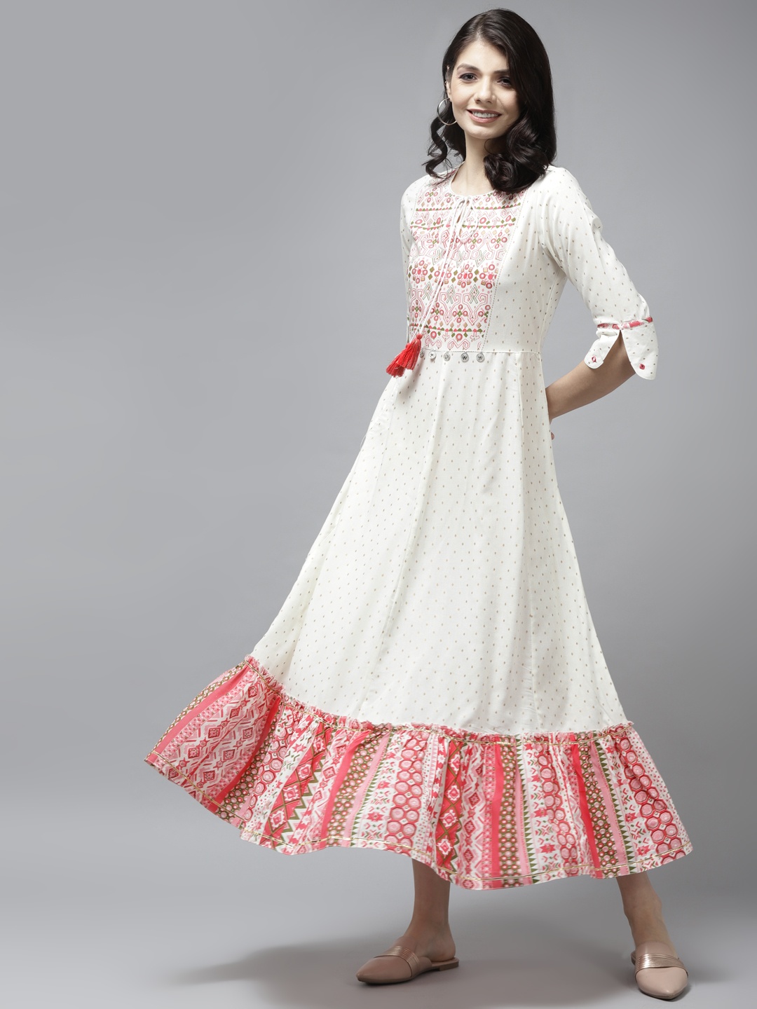 

Yufta White & Pink Ethnic Motifs Tie-Up Neck Ethnic Printed A-Line Midi Dress