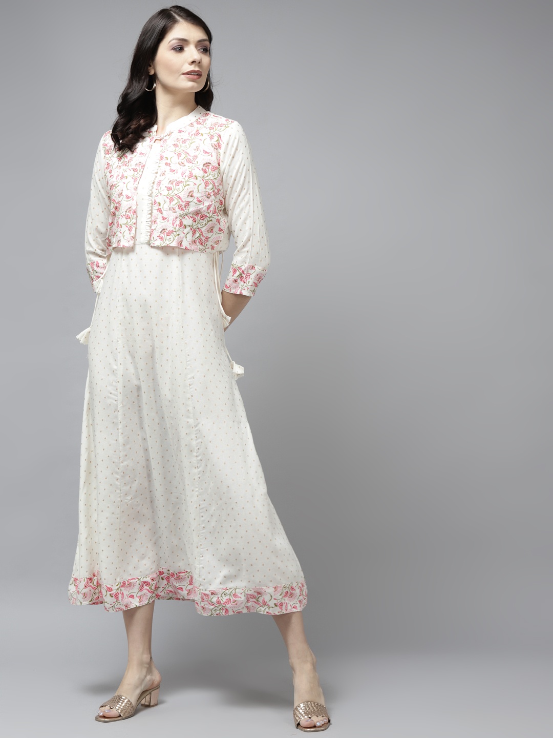 

Yufta White & Pink Ethnic Motifs Printed A-Line Maxi Dress Comes With a Crop Jacket