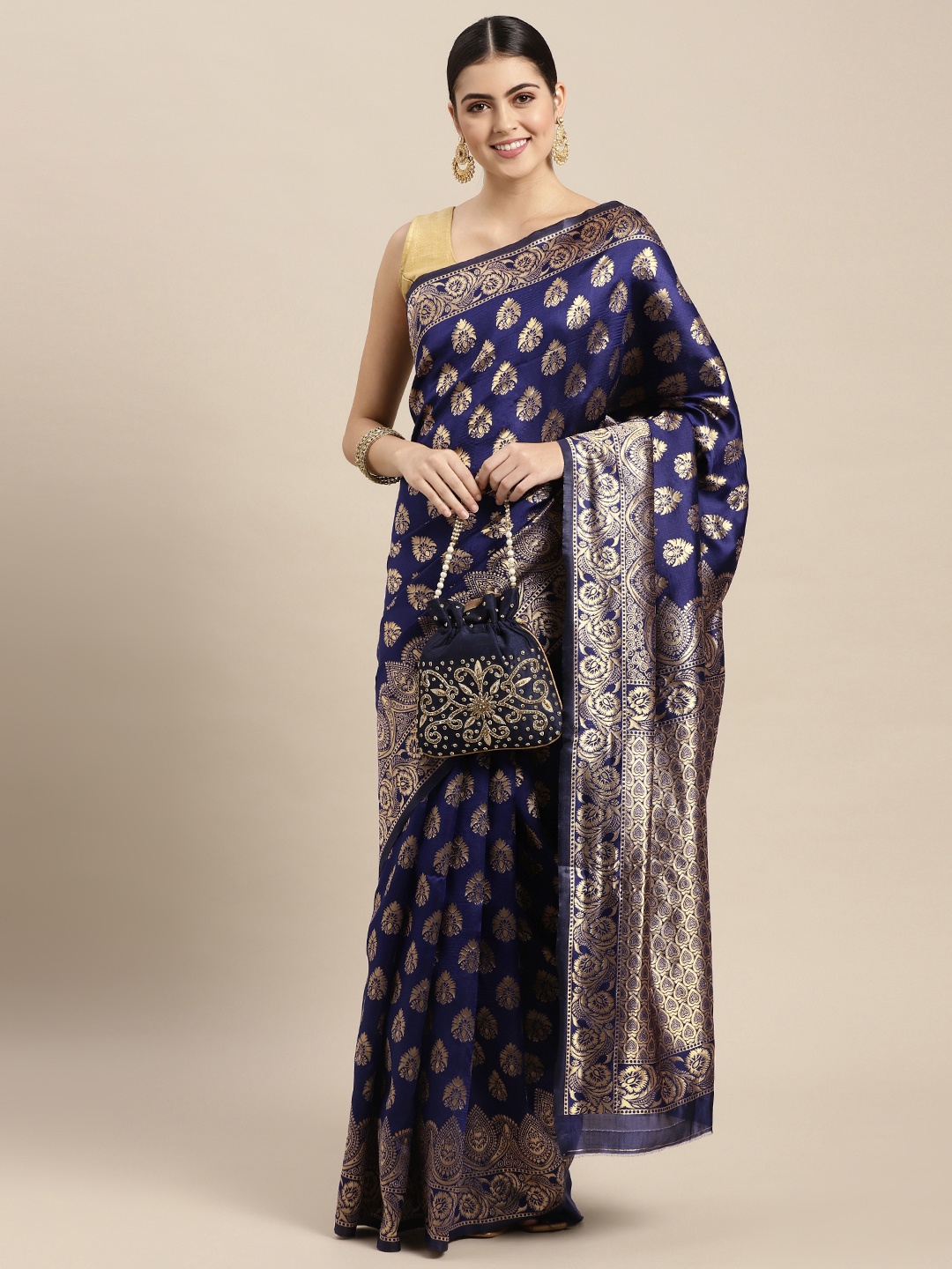 

Saree Swarg Navy Blue Woven Design Silk Blend Banarasi Sarees