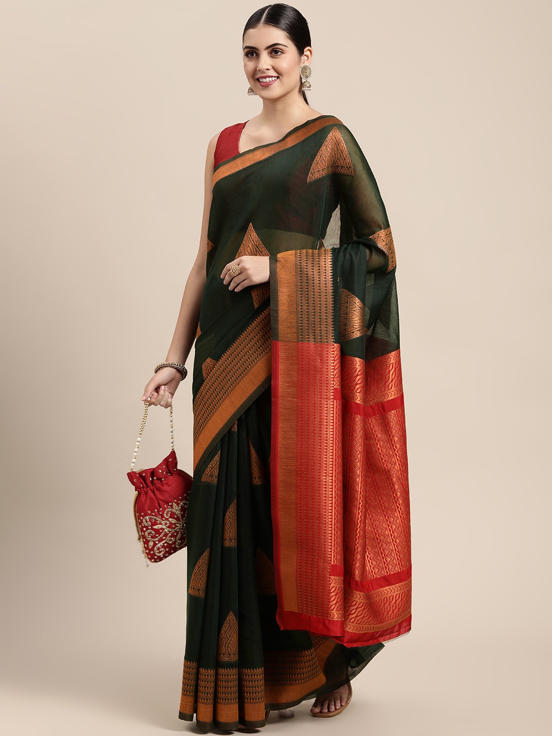 

Saree Swarg Green & Red Woven Design Silk Blend Banarasi Saree with Blouse