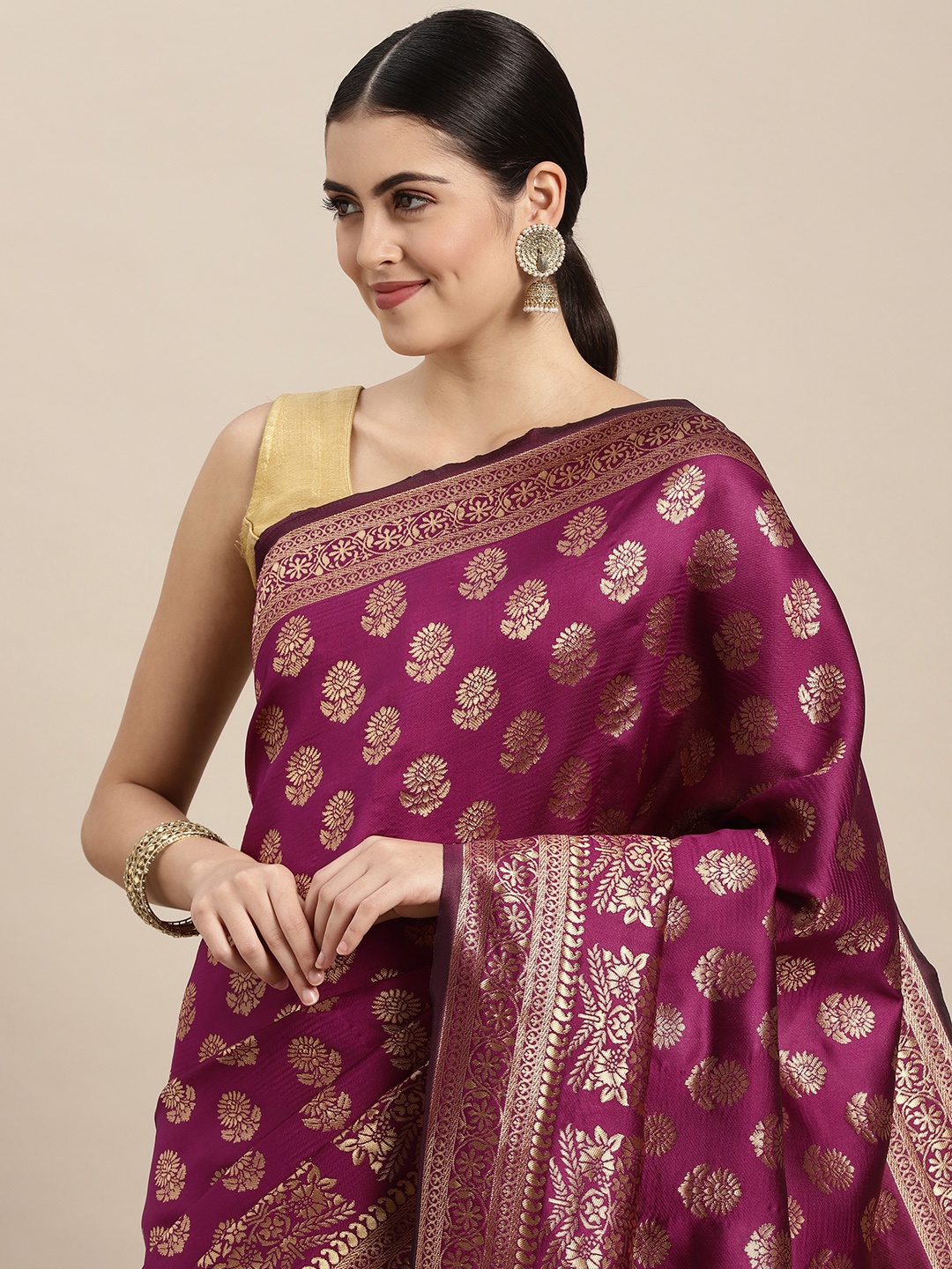 

Saree Swarg Magenta & Golden Woven Design Silk Blend Banarasi Sarees