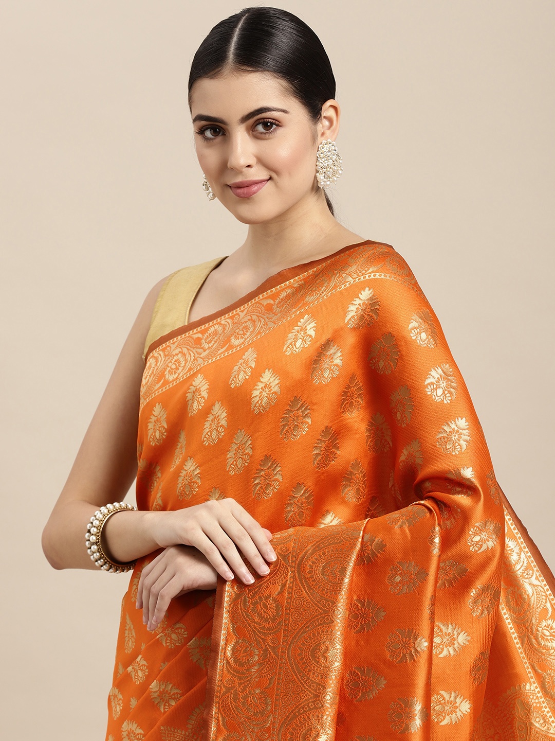

Saree Swarg Orange Woven Design Silk Blend Banarasi Sarees