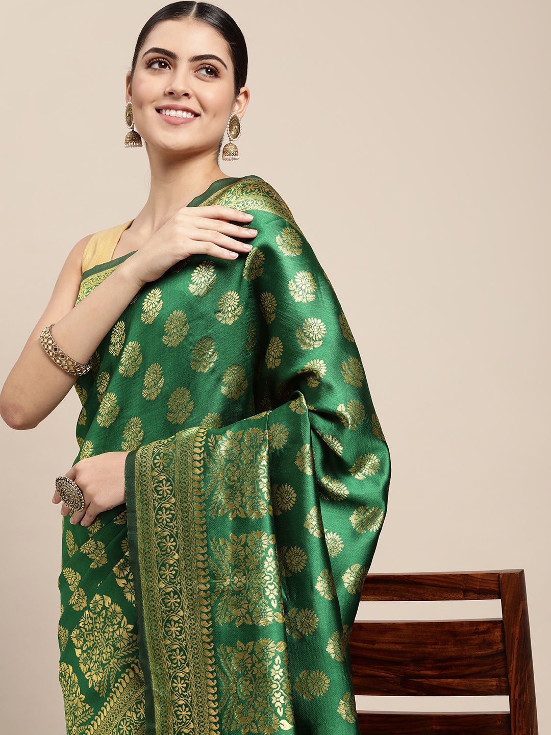 

Saree Swarg Green & Golden Ethnic Motifs Silk Blend Banarasi Sarees