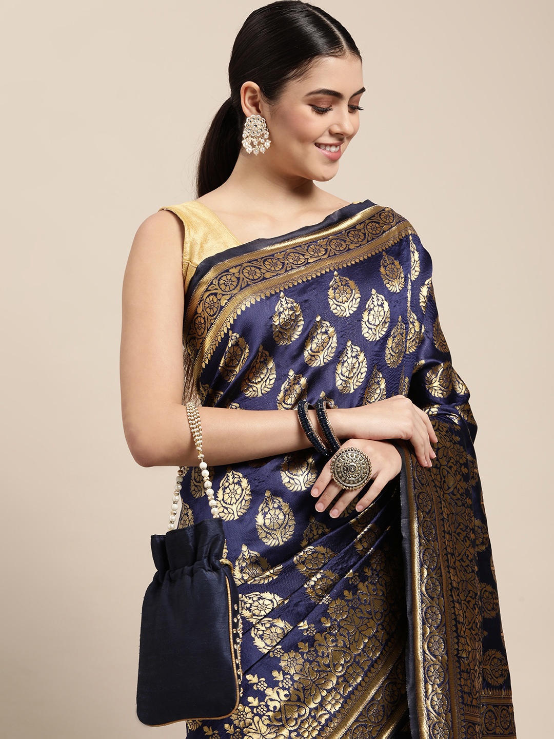 

Saree Swarg Navy Blue & Golden Woven Design Silk Blend Banarasi Sarees