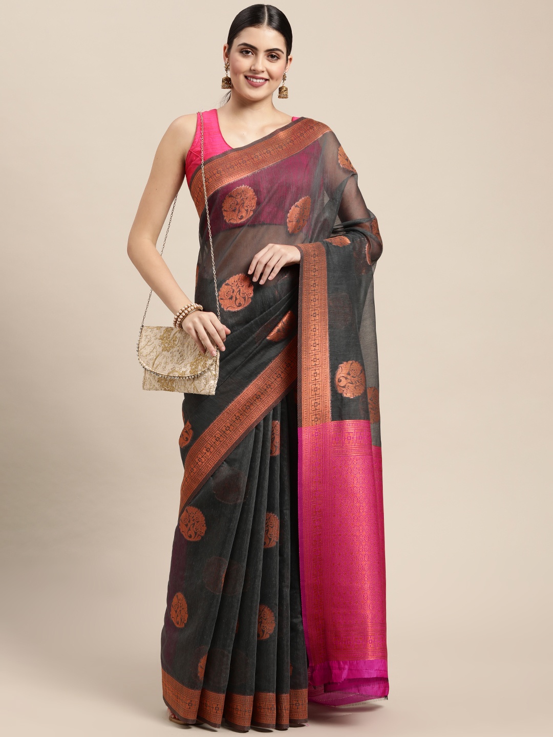 

Saree Swarg Grey & Pink Ethnic Motifs Silk Blend Banarasi Sarees