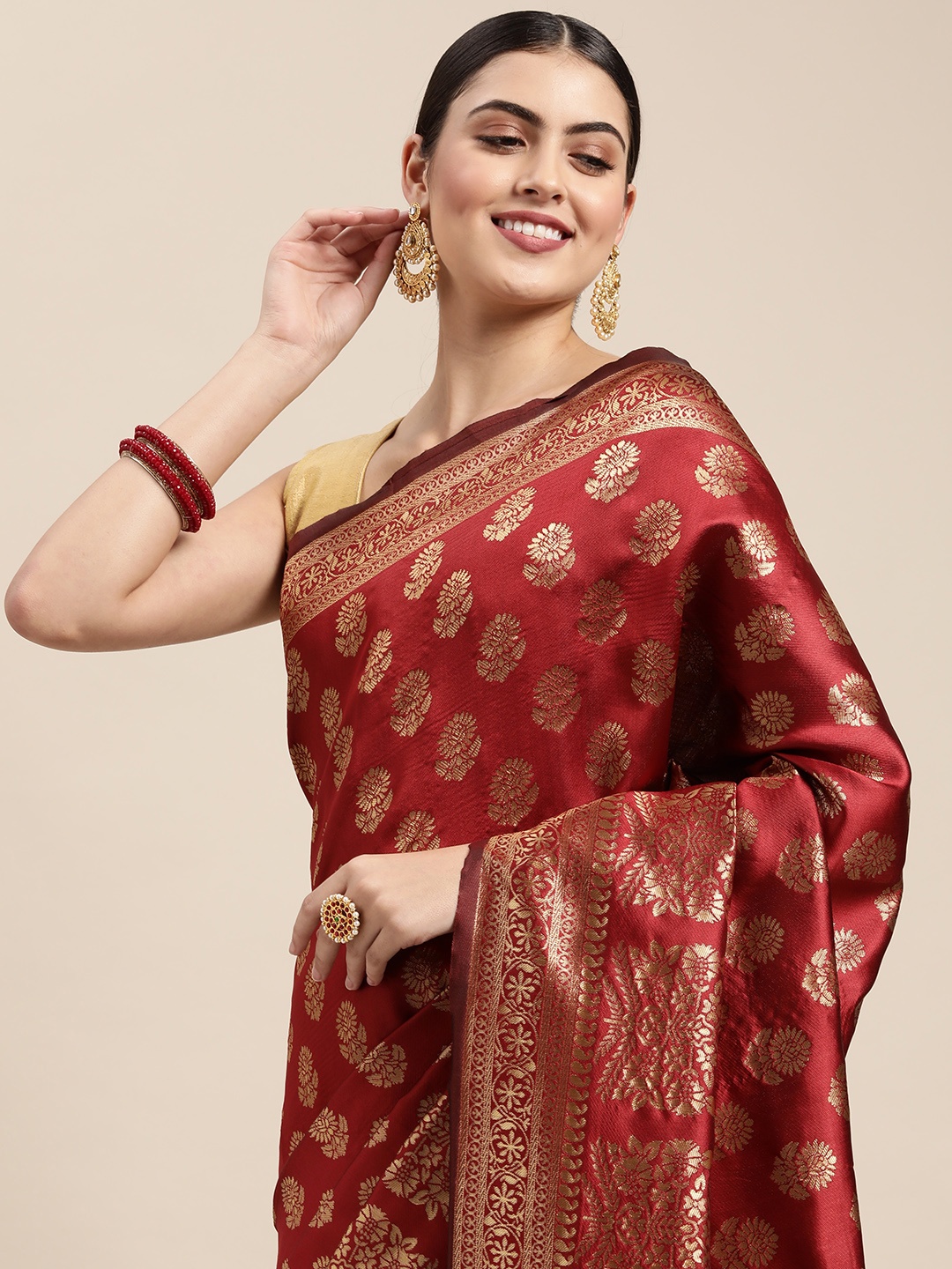 

Saree Swarg Maroon & Golden Ethnic Motifs Silk Blend Banarasi Sarees